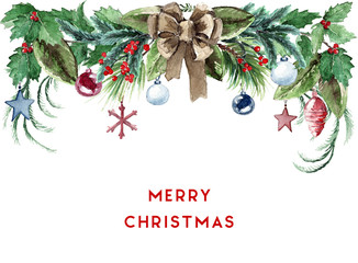 Watercolor Scandinavian Christmas Border. Magnolia leaves, spruce, eucalyptus, holly, cedar and pinecones bouquet with christmas decorations and canvas bow.