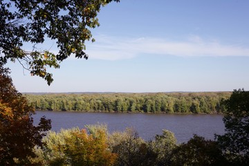 Fall day with the leaves overlooking the mississippi river changing colors