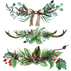 Watercolor Scandinavian Christmas Composition Set. Hand drawn winter decoration. Magnolia leaves, spruce, eucalyptus, twigs, holly and pinecones bouquets, decorated with antlers and canvas bow