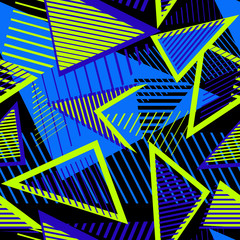 Urban art sport abstract vector seamless pattern with geometric elements, chaotic lines, triangles, stripes. Creative colorful repeat background for boys and girls, textile, apparel. Bright neon color