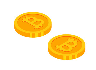 Gold bitcoins cryptocurrency coins. Money icon in isometric style.