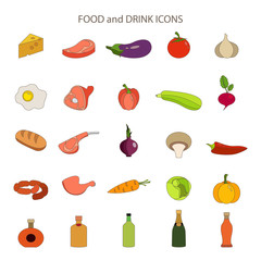 Food and drink flat vector icons set
