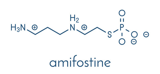 Amifostine cancer drug molecule. Adjuvant drug that protects against cancer chemotherapy side effects. Skeletal formula.