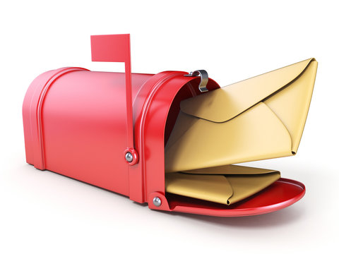 Red mailbox and two yellow envelope 3D