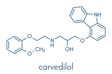 Carvedilol congestive heart failure drug molecule. Skeletal formula.