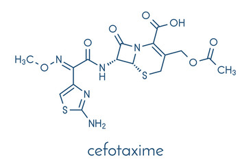 Cefotaxime antibiotic drug molecule (cephalosporin, third generation). Skeletal formula.