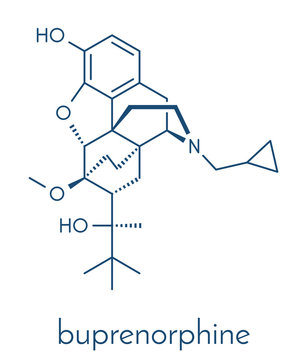 Buprenorphine opioid addiction and pain killer drug molecule. Skeletal formula.