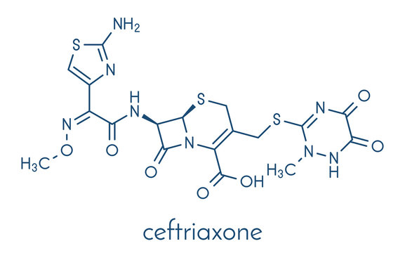 Ceftriaxone antibiotic drug molecule (cephalosporin, third generation). Skeletal formula.