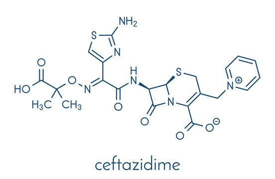Ceftazidime cephalosporin antibiotic drug molecule. Skeletal formula.