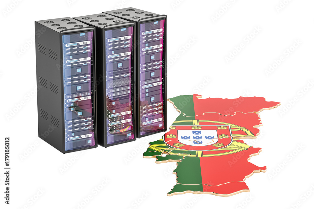 Poster data center server racks in portugal concept, 3d rendering