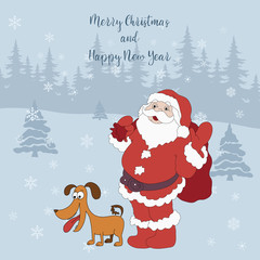 Merry Christmas and Happy New Year. Cartoon greeting card with Santa and dog on the background of a forest, fir-trees, snowflakes.Cute illustration for a postcard, poster,  banner.