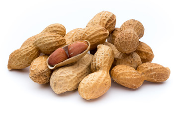 Dried peanuts on the white background.