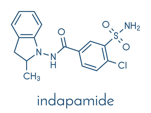Indapamide hypertension drug molecule (diuretic). Skeletal formula.