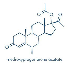 Medroxyprogesterone acetate (MPA) progestin hormone drug. Used as contraceptive, in hormone replacement therapy and in the treatment of endometriosis. Skeletal formula.