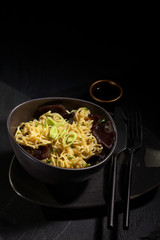 Freshly cooked instant noodles. Asian cuisine