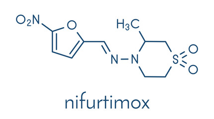 Nifurtimox antiparasitic drug molecule. Used in treatment of Chagas disease and sleeping sickness. Skeletal formula.