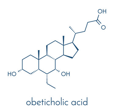 Obeticholic acid liver disease drug molecule. Agonist of farnesoid x receptor (FXR). Skeletal formula.