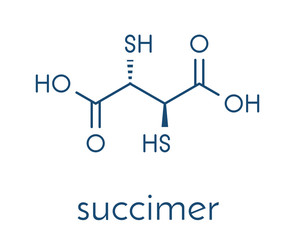 Succimer (dimercaptosuccinic acid, DMSA) lead poisoning drug molecule. Antidote used in heavy metal poisoning; acts by forming chelates with metals. Skeletal formula.