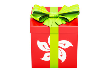Gift box with flag of Hong Kong, holiday concept. 3D rendering