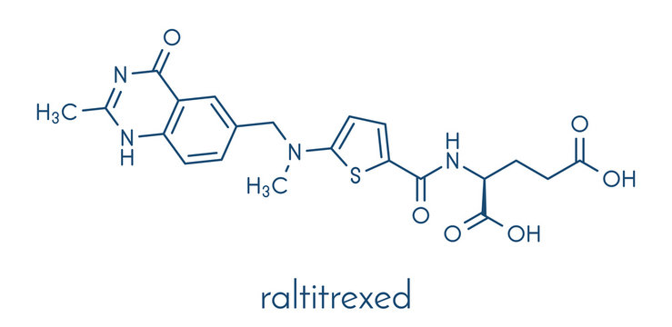 Raltitrexed cancer chemotherapy drug molecule. Skeletal formula.