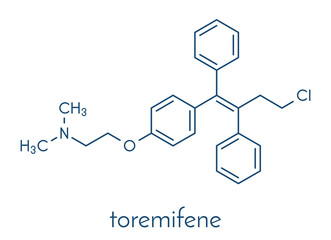 Toremifene oral selective estrogen receptor modulator (SERM) drug molecule. Skeletal formula.