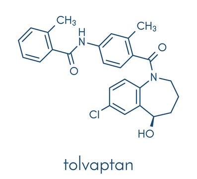 Tolvaptan hyponatremia (low blood sodium level) drug molecule.  Skeletal formula.