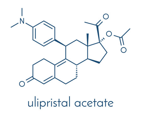 Ulipristal acetate contraceptive drug molecule. Used in emergency contraception tablets (morning-after pill). Skeletal formula.