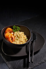 Freshly cooked instant noodles. Asian cuisine