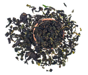 Herbal mulberry organic green tea on white background