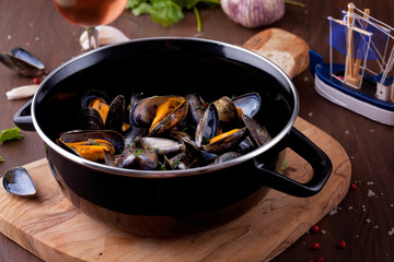 Freshly cooked mussles in herbs and white wine