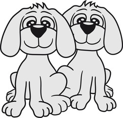 team 2 freunde paar brüder welpe sitzen klein kind warten gehorsam lustig hund süß niedlich haustier comic cartoon