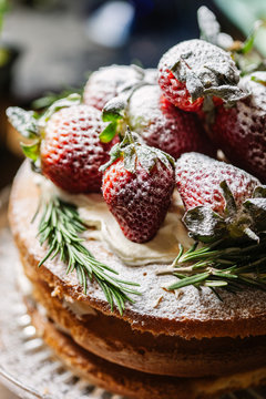Closeup of strawberry's dusted with icing sugar on the top of a sponge cake.