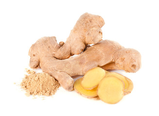 Ginger root and ground ginger isolated on white background. Close up
