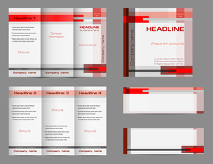 Template set of tri-fold brochure layout, square cover and two banners. Geometric background in red and gray. Minimalistic flat design, business corporate concept. Vector EPS 10