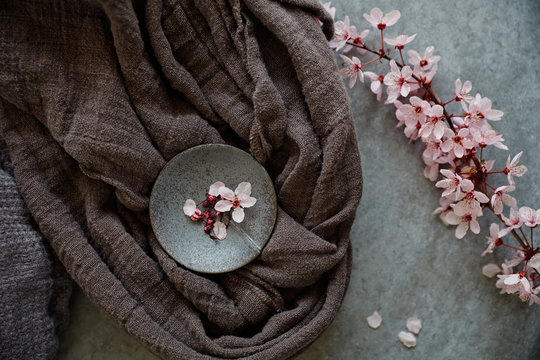 Cherry Blossom flowers and linen fabric