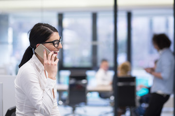 Elegant Woman Using Mobile Phone in startup office building