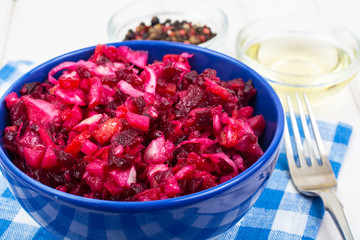 Vegetarian menu. Beetroot salad from boiled vegetables