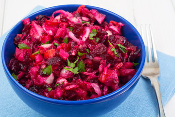 Vegetarian menu. Beetroot salad from boiled vegetables