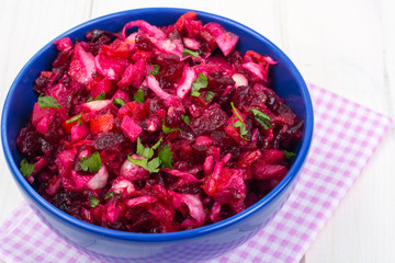 Vegetarian menu. Beetroot salad from boiled vegetables