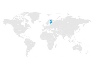Fototapeta na wymiar Finland marked by blue in grey World political map. Vector illustration.