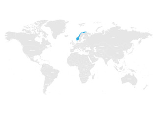 Norway marked by blue in grey World political map. Vector illustration.