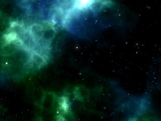 Fototapeta na wymiar Stars shining through a blue and green Nebula in the space or cosmos