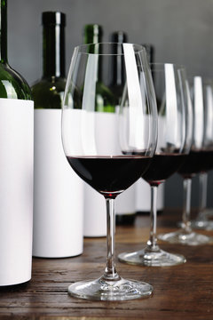 Bottles arranged for blind wine tasting