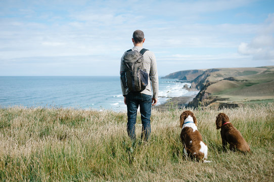 Man and two dogs standing on a cliff looking out to sea