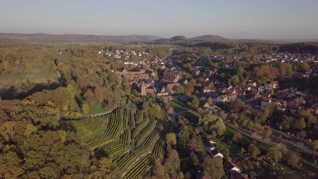 Flight over Maulbronn old town and vineyards, Baden-Wurttemberg, Germany. Original untouched LOG format.