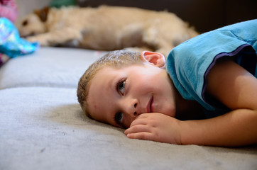 Jack Russell terrier leży na kanapie z chłopczykiem - obrazy, fototapety, plakaty