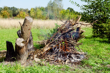 Ognisko, wypalanie gałęzi drzew na polu. © Rajtar photography