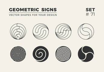 Set of eight minimalistic trendy shapes. Stylish vector logo emblems for Your design. Simple geometric signs collection.