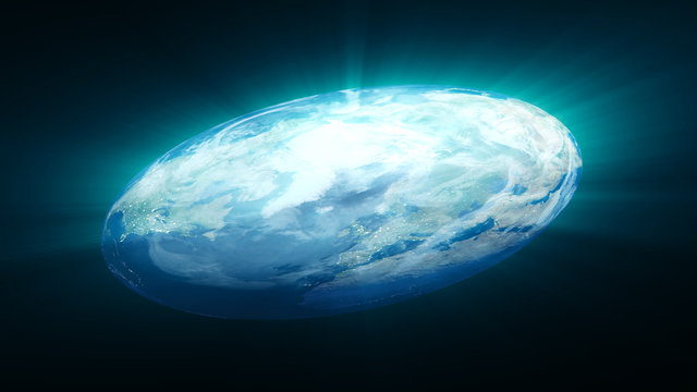 Flat Earth on black background. Digital illustration. 3d rendering