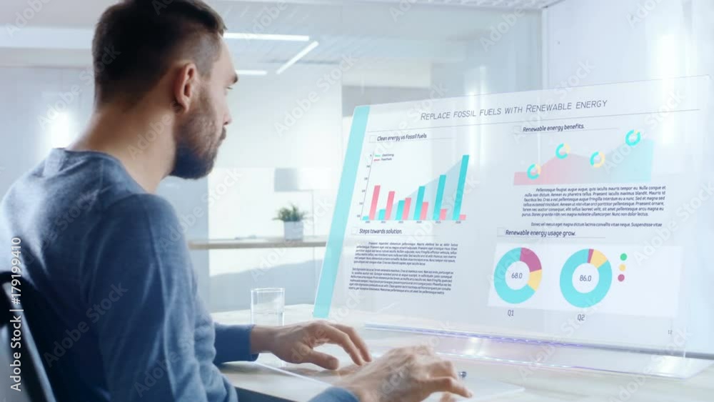 Poster in the near future renewable energy expert swipes and shares data from touchscreen smartphone to his
